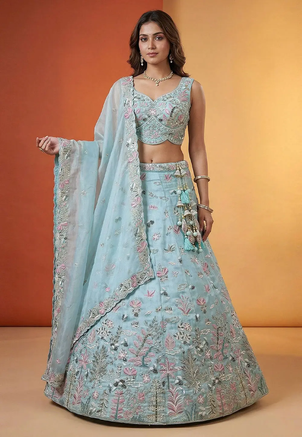 Sky Blue Organza Circular Lehenga Choli 332966