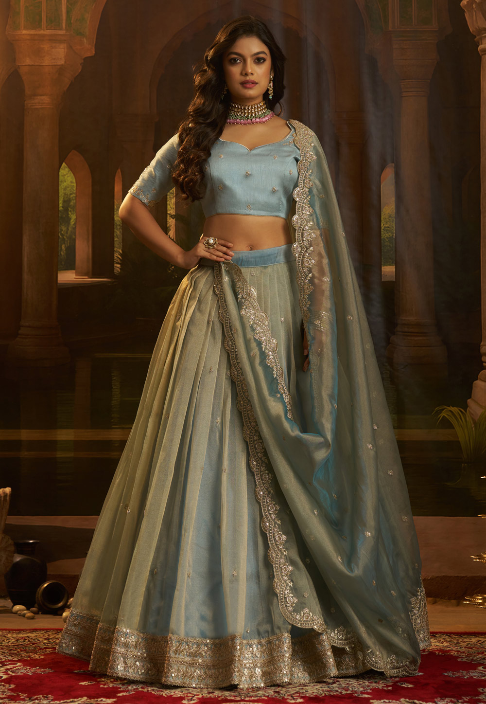 Sky Blue Organza Circular Lehenga Choli 321447