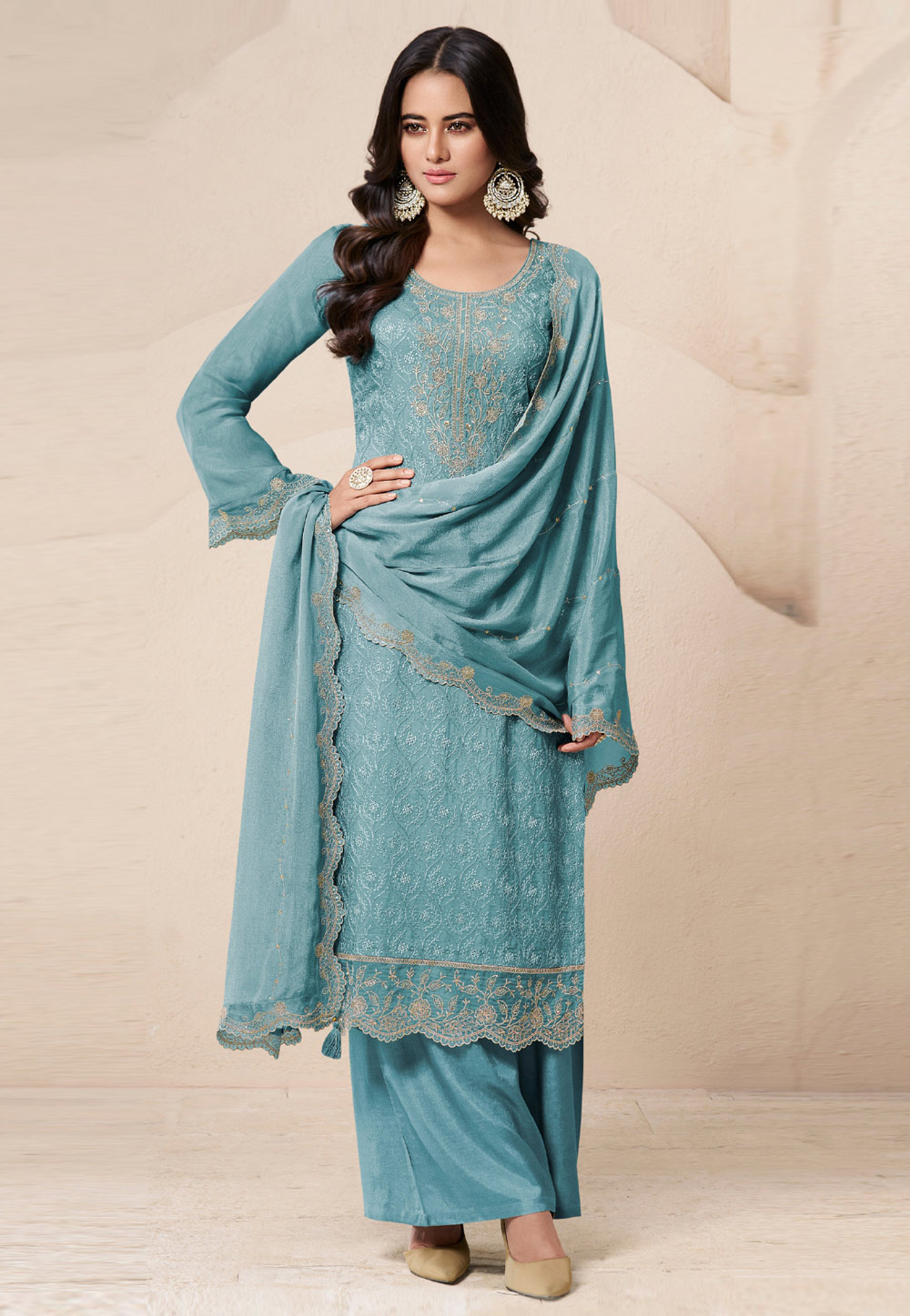 Sky Blue Organza Embroidered Palazzo Suit 310631
