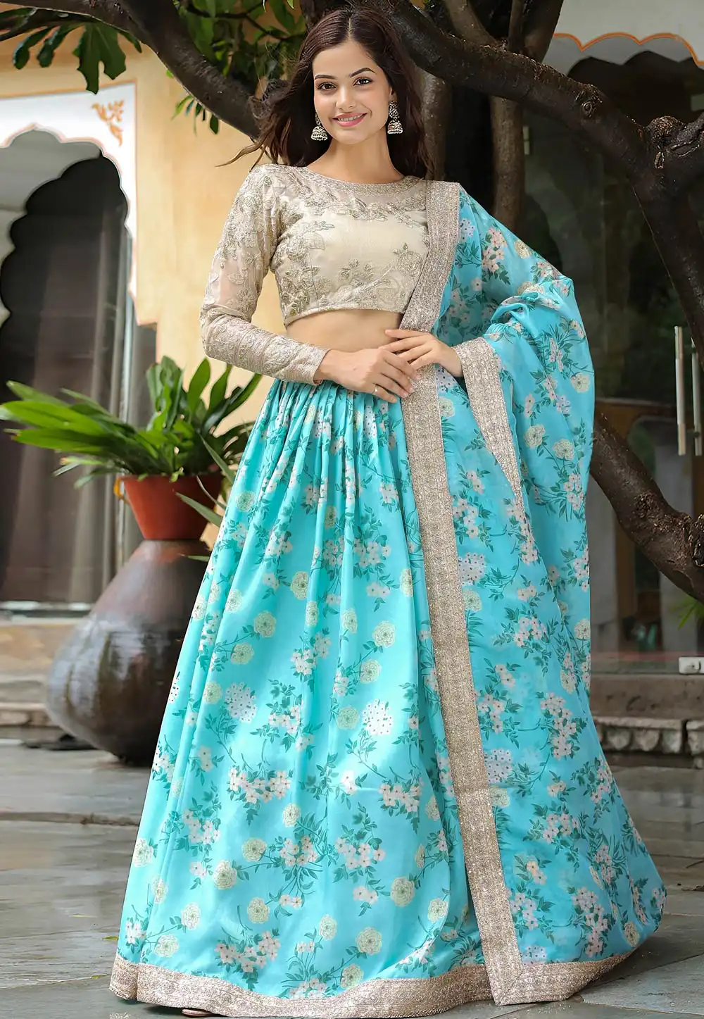 Sky Blue Organza Floral Lehenga choli 315236