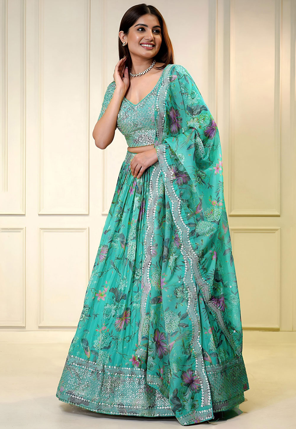 Sky Blue Organza Floral print Lehenga Choli 322741