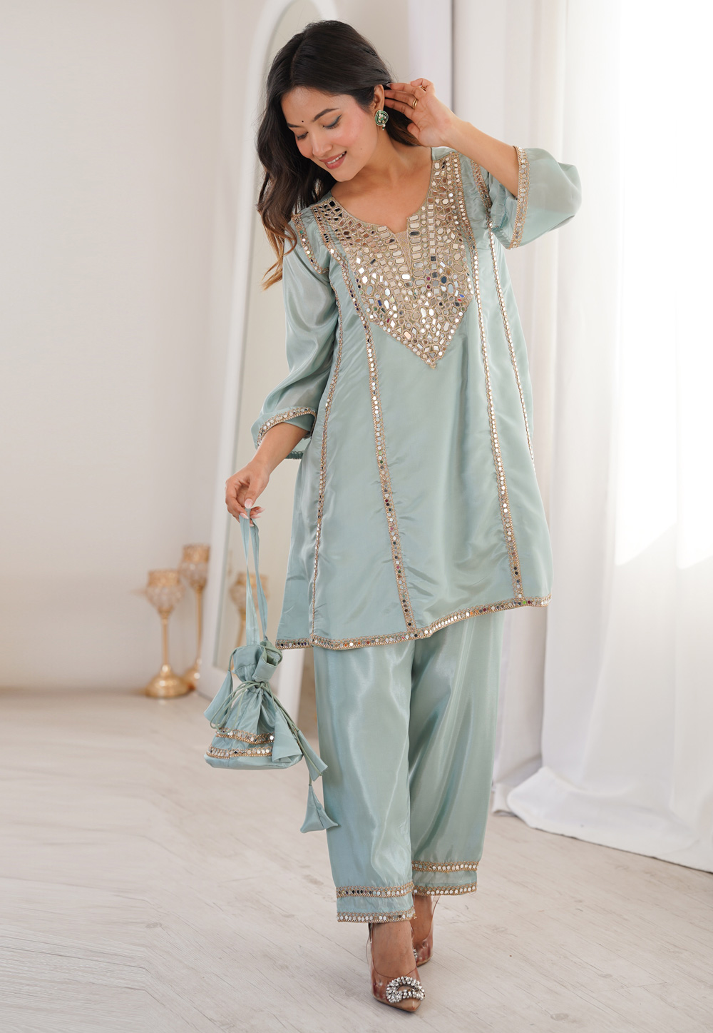 Sky Blue Organza Kurta Set With Pant 326340