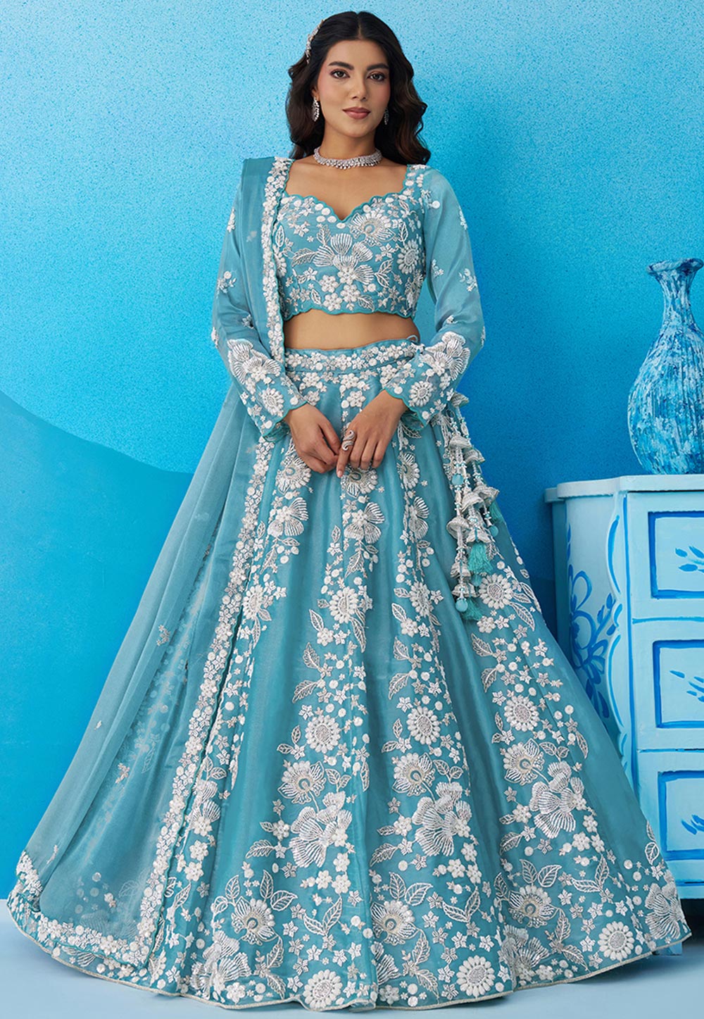 Sky Blue Organza Lehenga Choli For Wedding 326170