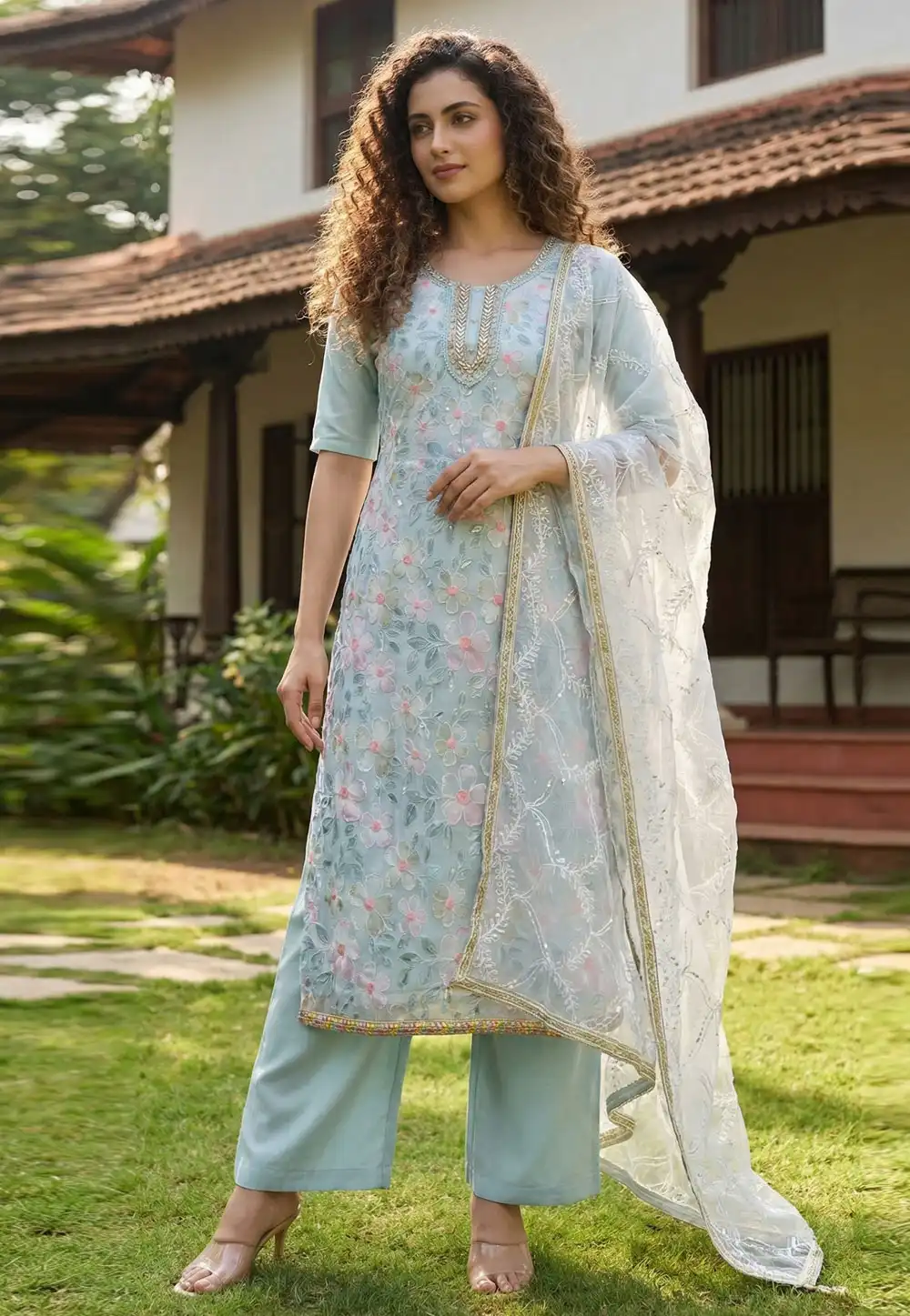 Sky Blue Organza Pakistani Suit 326448