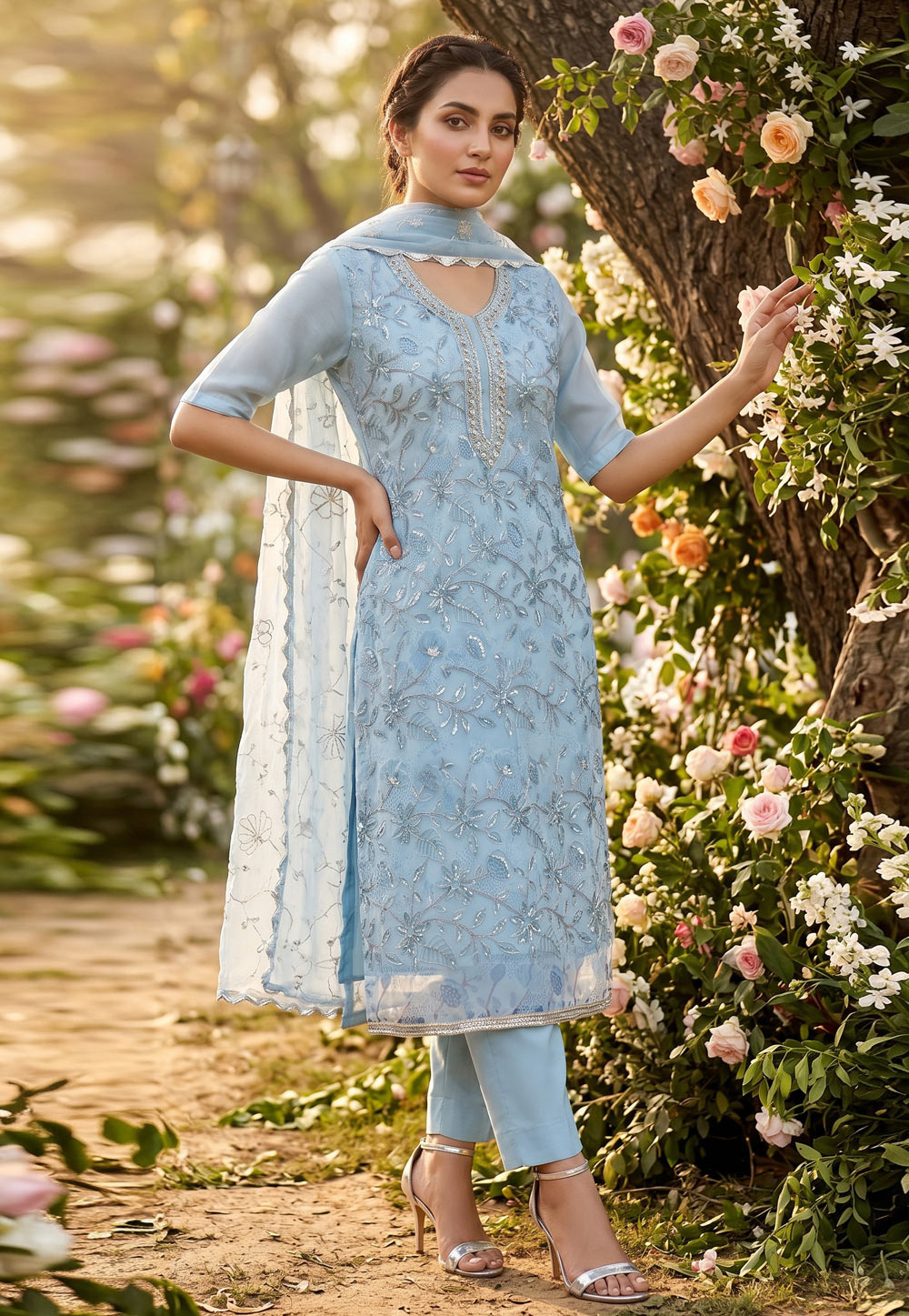 Sky Blue Organza Pakistani Suit 329271