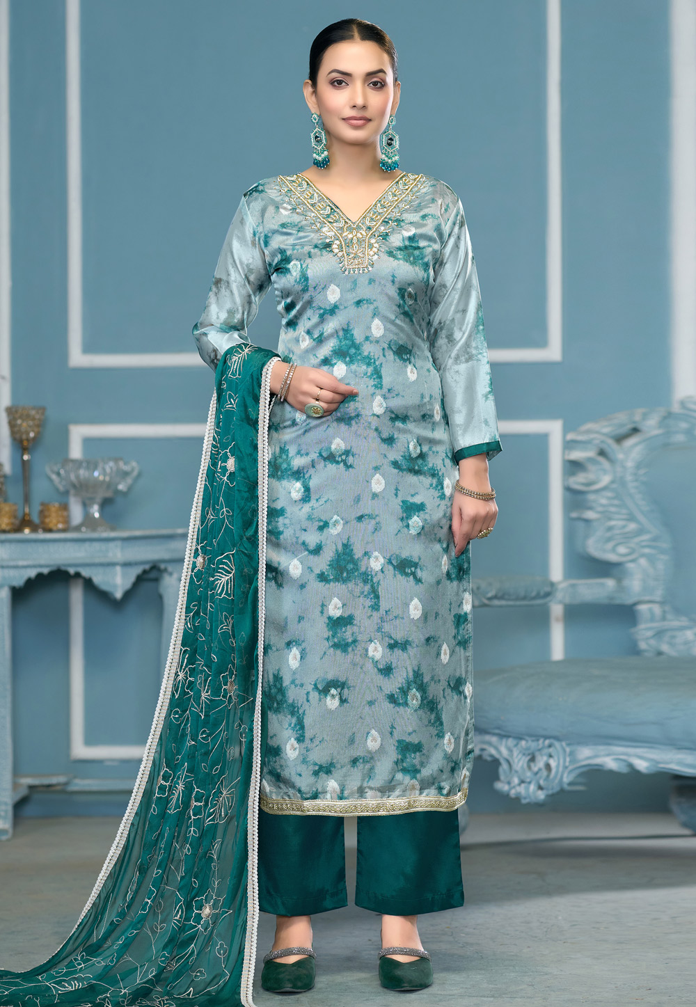 Sky Blue Organza Palazzo Suit 307280