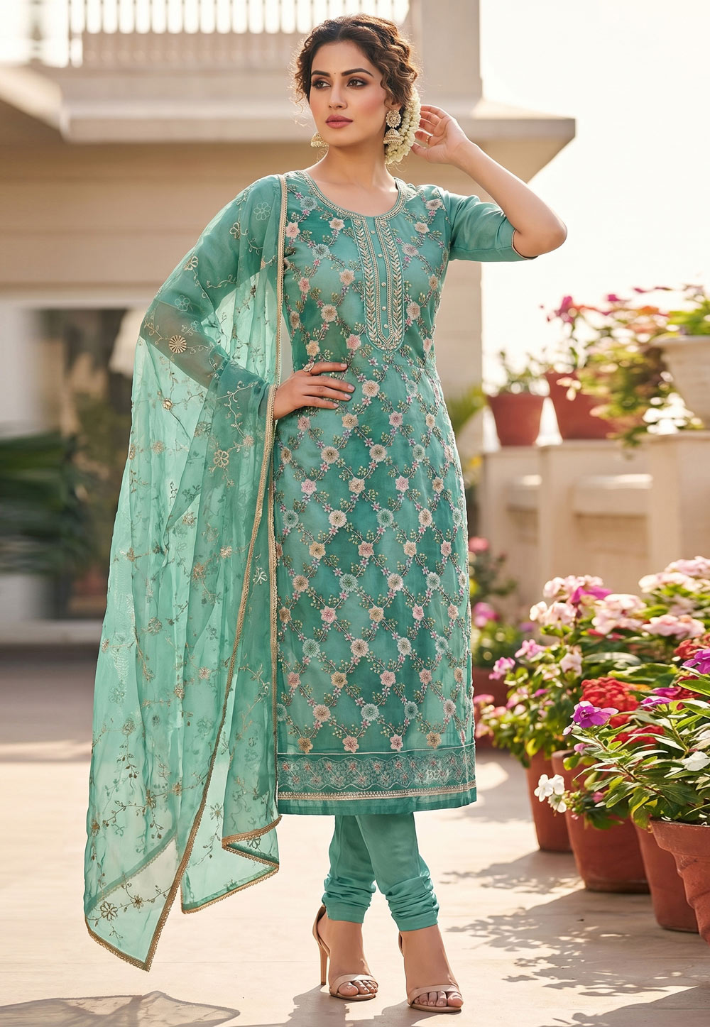 Sky Blue Organza Pant Style Suit 327701