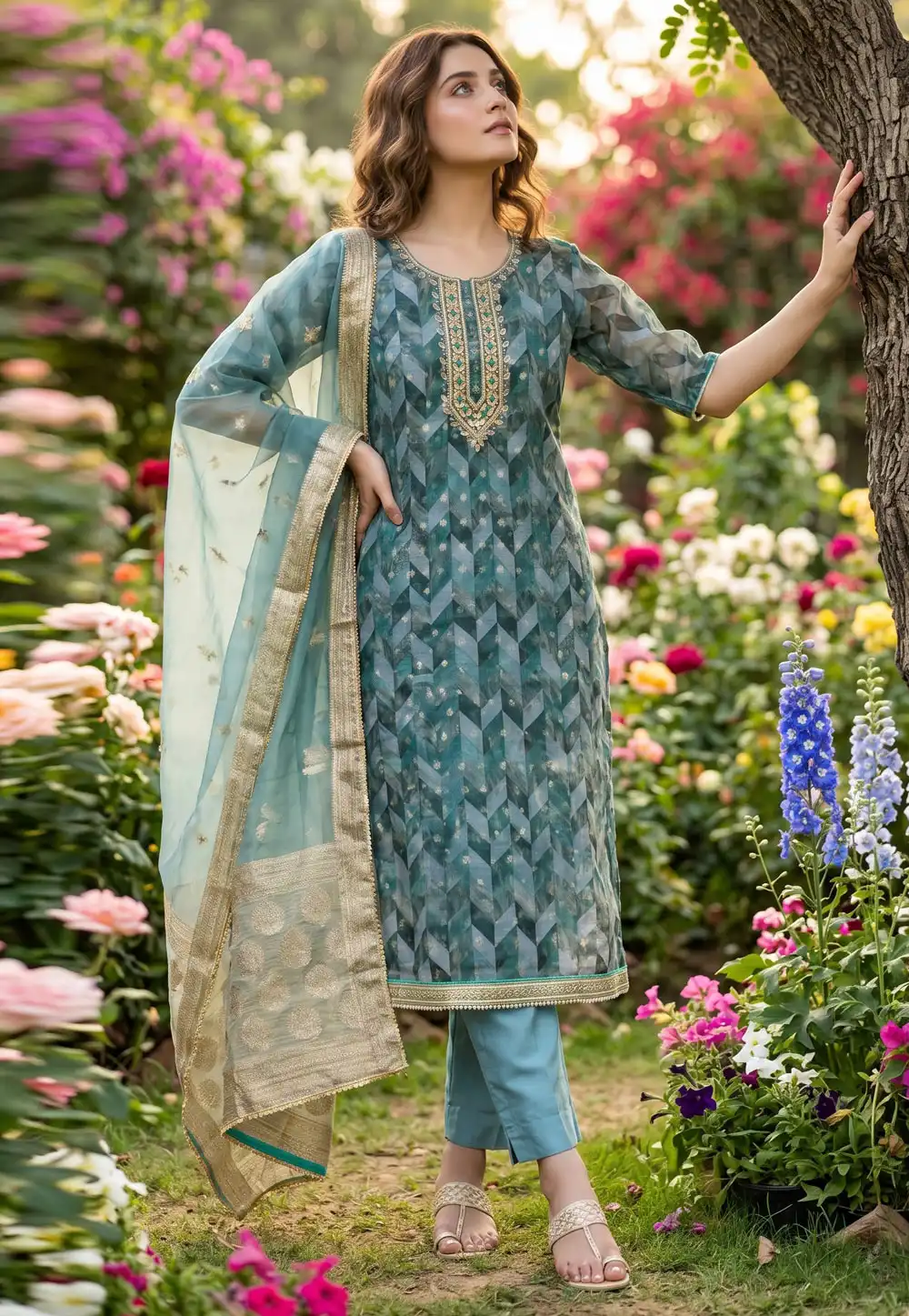 Sky Blue Organza Pant Style Suit 329275