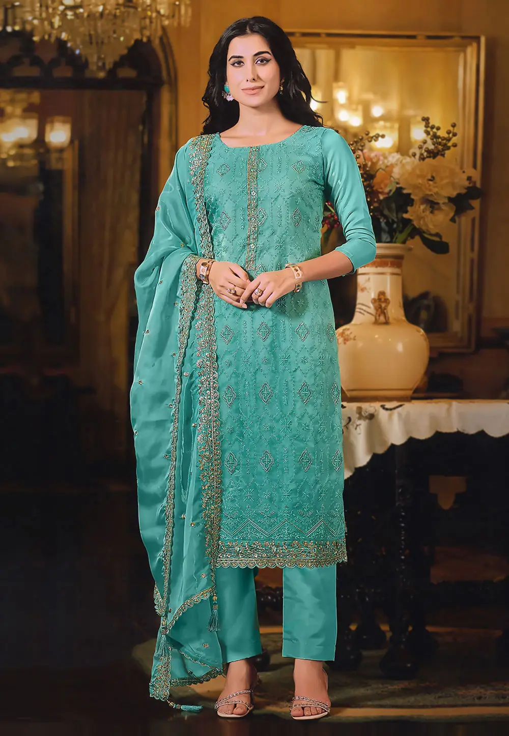 Sky Blue Organza Pant Style Suit 336792