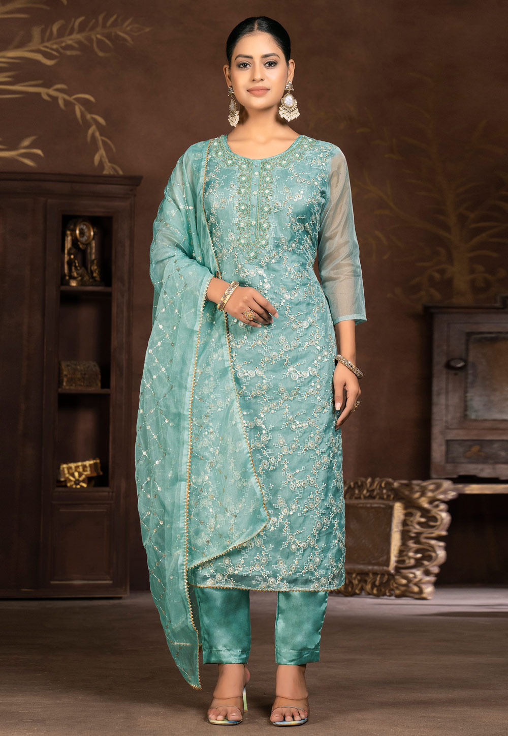 Sky Blue Organza Pant Style Suit 281851