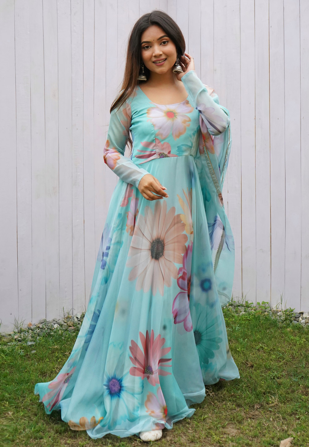Sky Blue Organza Printed Gown 279232