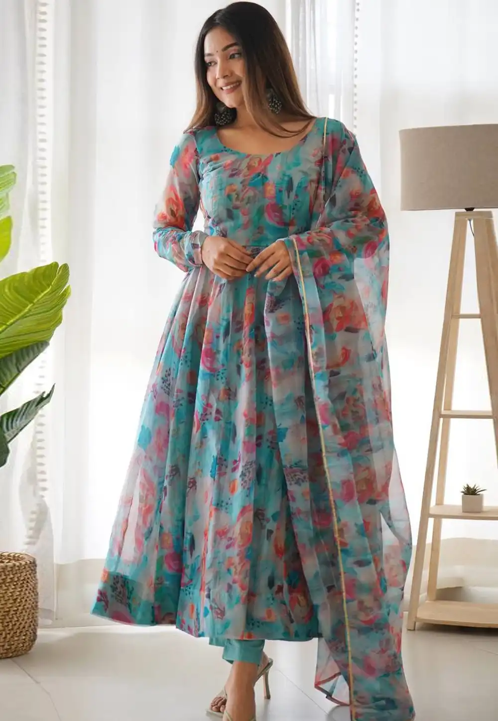 Sky Blue Organza Readymade Anarkali Suit 291964