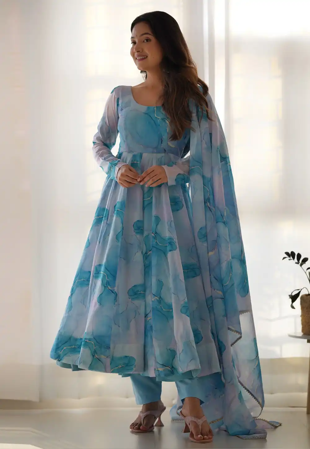 Sky Blue Organza Readymade Anarkali Suit 312581
