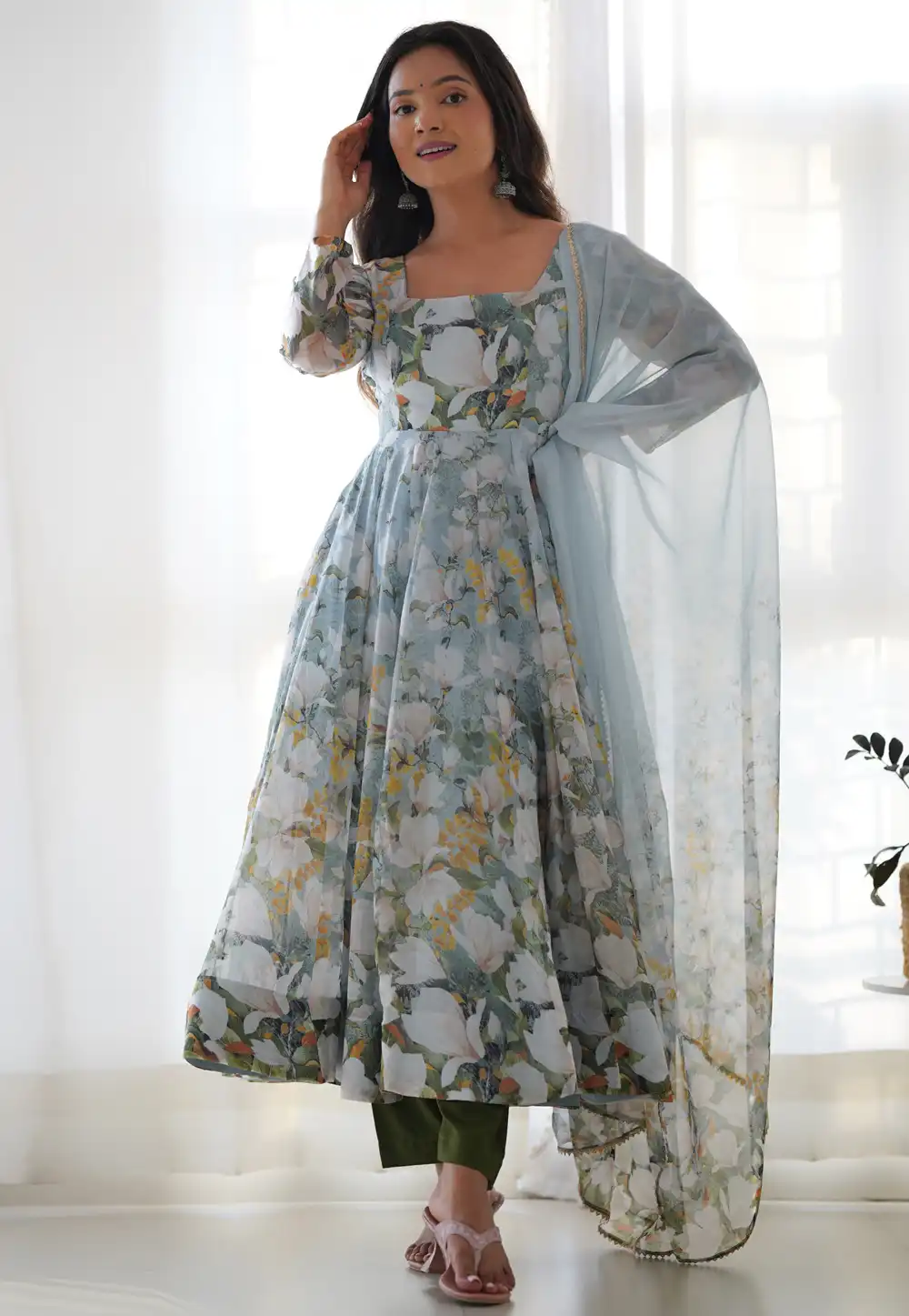 Sky Blue Organza Readymade Anarkali Suit 316265