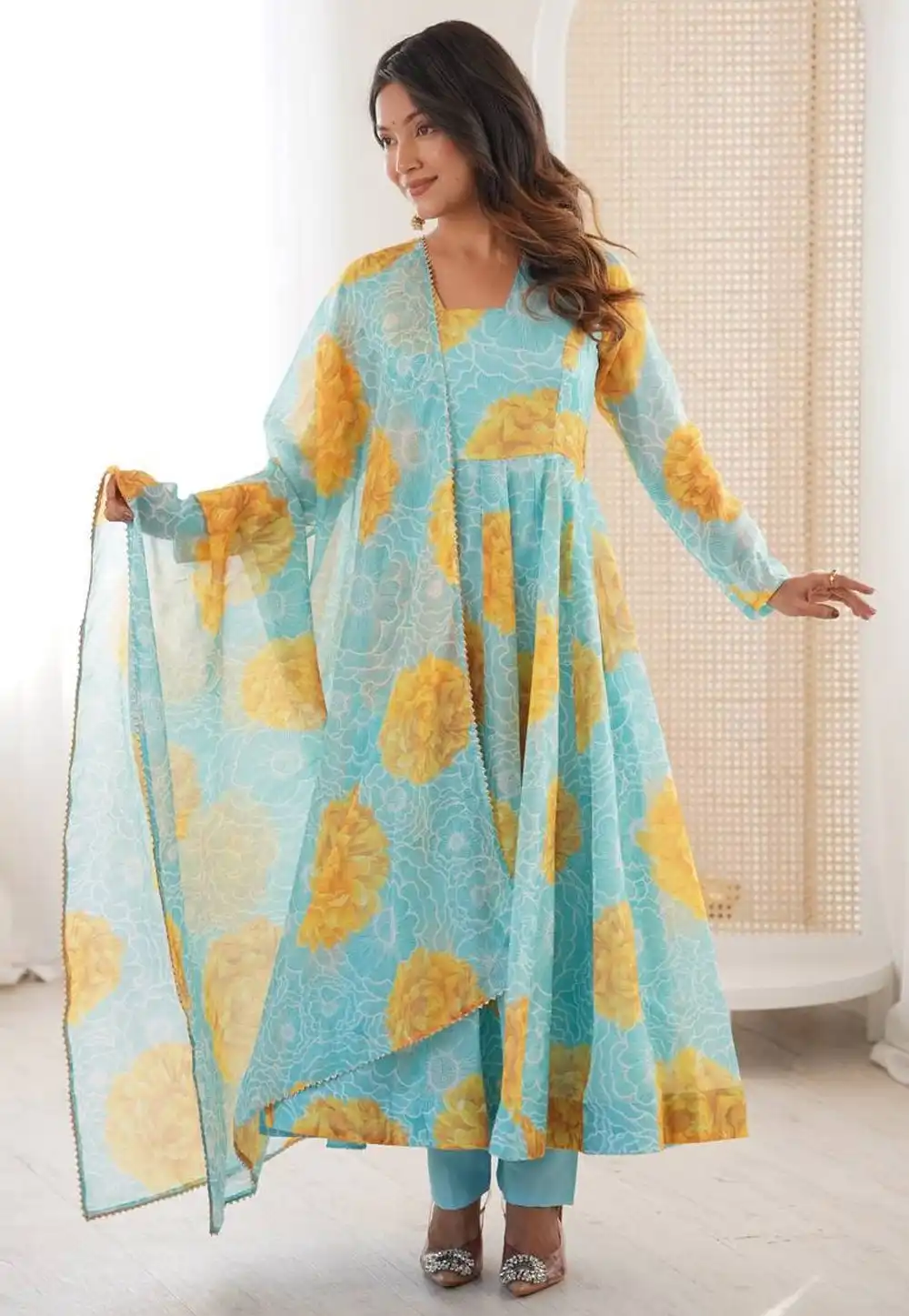 Sky Blue Organza Readymade Anarkali Suit 322415