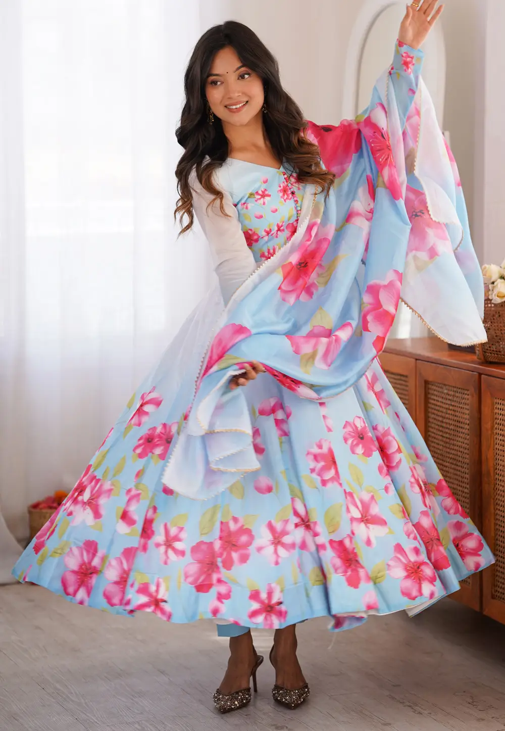 Sky Blue Organza Readymade Anarkali Suit 333193