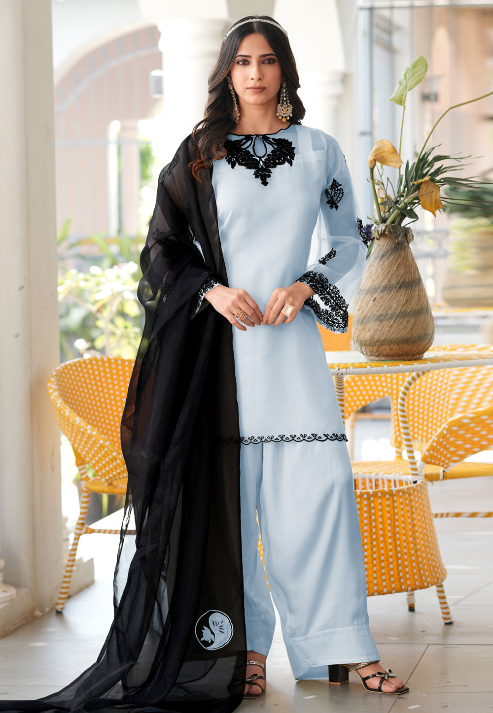 Sky Blue Organza Readymade Palazzo Suit 325040