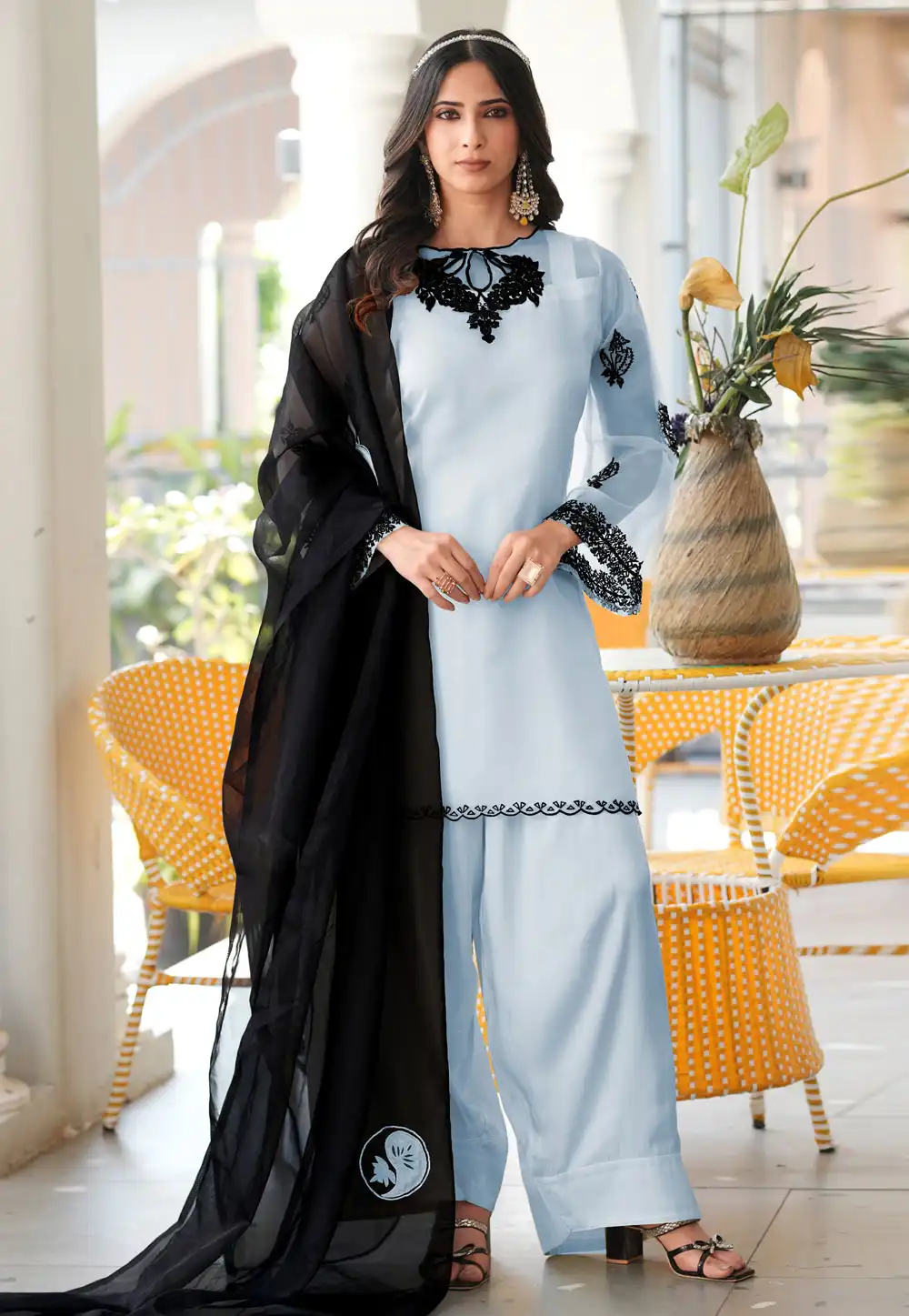 Sky Blue Organza Readymade Palazzo Suit 325040