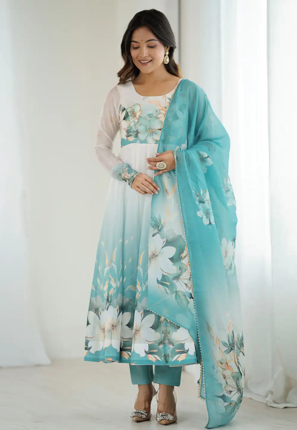 Sky Blue Organza Readymade Pant Style Suit 316266
