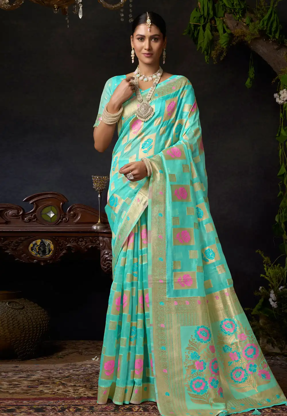 Sky Blue Organza Saree With Blouse 317716