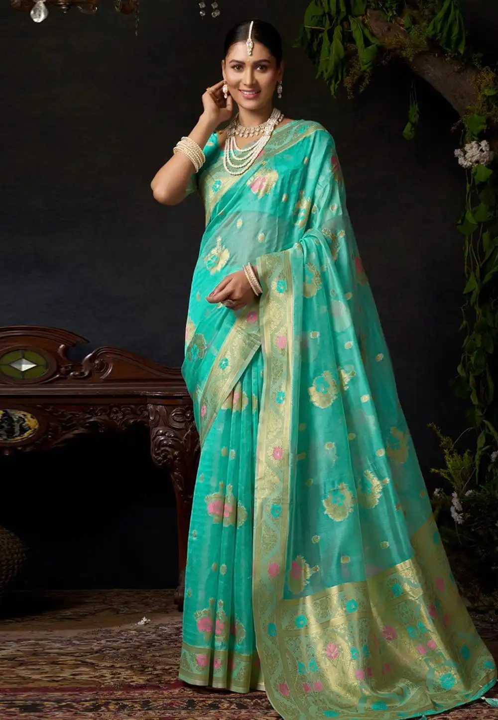 Sky Blue Organza Saree With Blouse 318424
