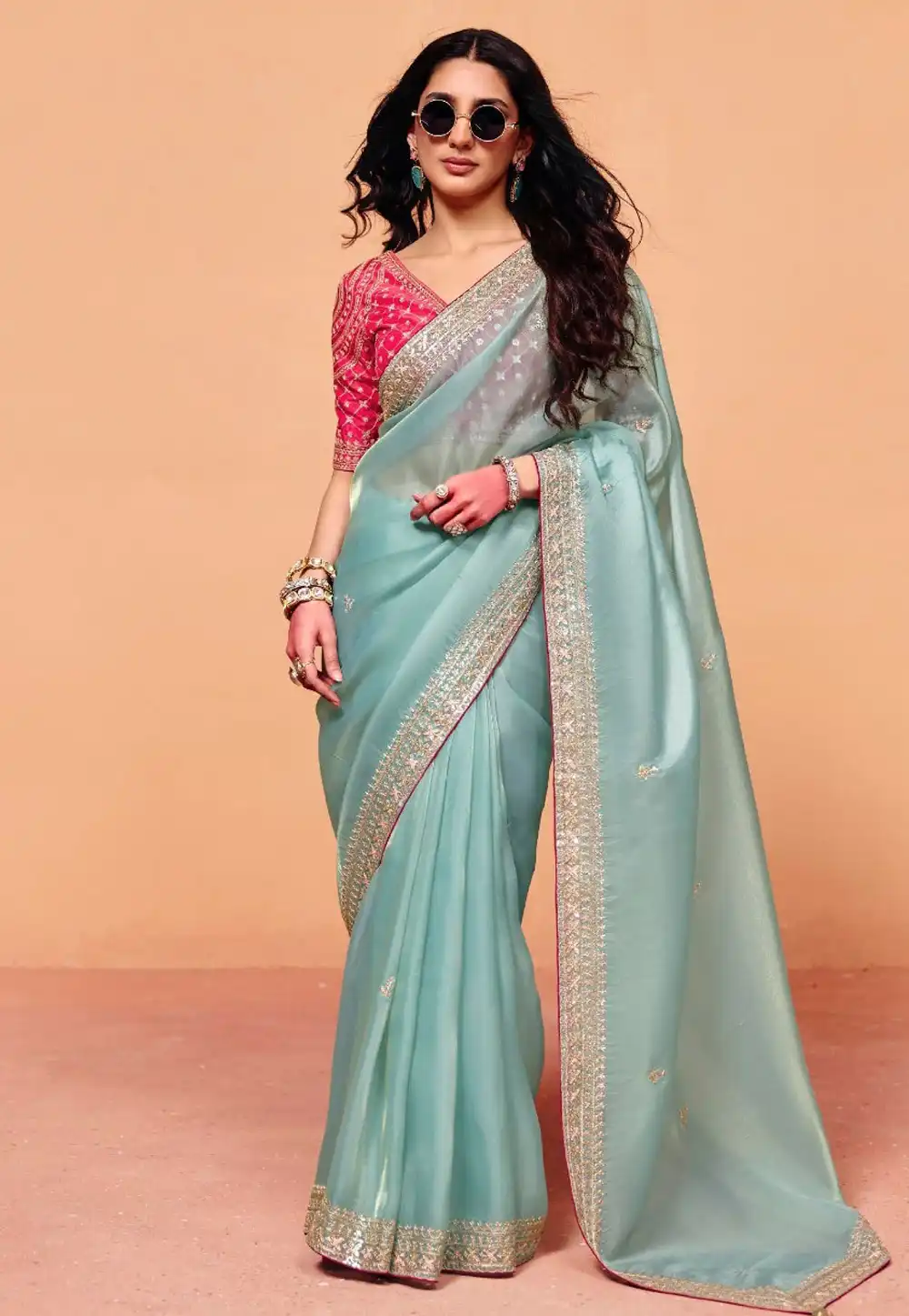 Sky Blue Organza Saree With Blouse 326068