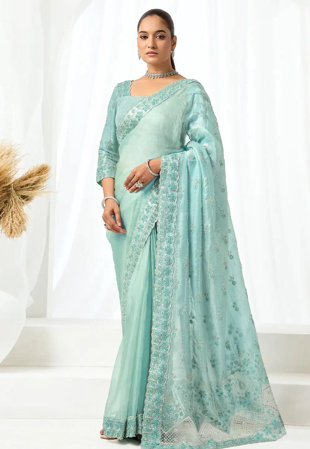 Sky Blue Organza Saree With Blouse 326771