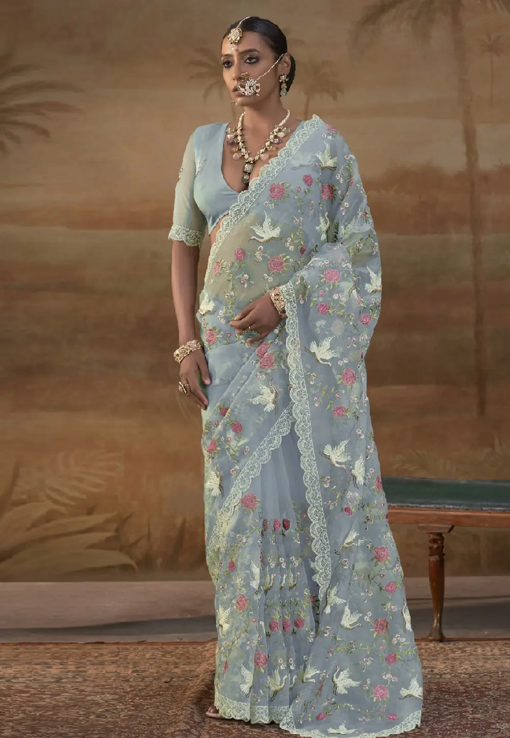 Sky Blue Organza Saree With Blouse 334354