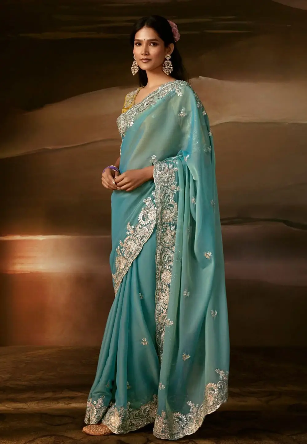 Sky Blue Organza Saree With Blouse 336350