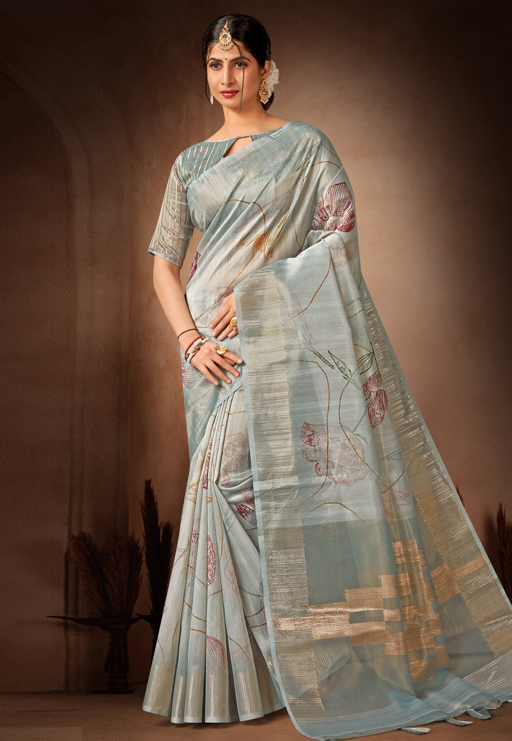 Sky Blue Organza Saree With Blouse 278795