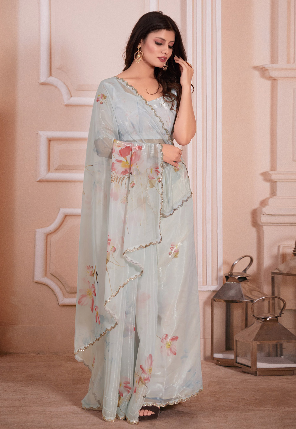 Sky Blue Organza Saree With Blouse 284340