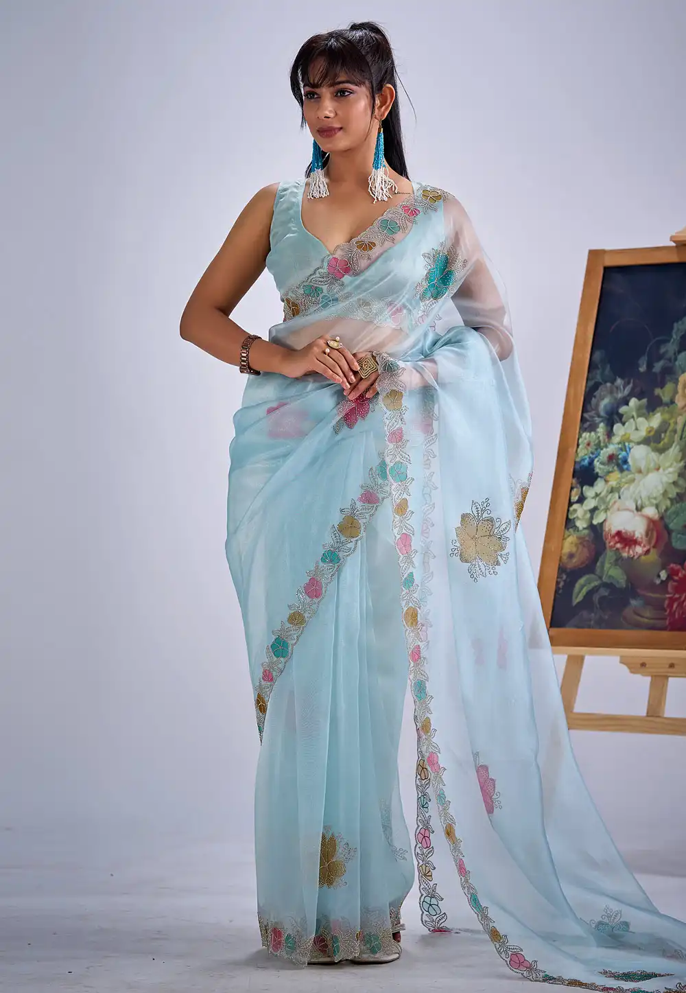 Sky Blue Organza Saree With Blouse 327564
