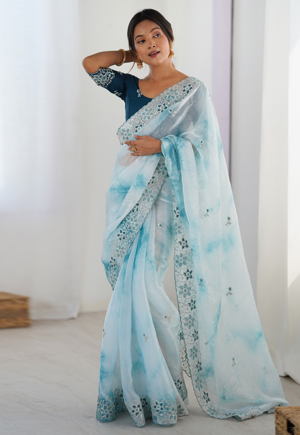 Sky Blue Organza Saree With Blouse 318289