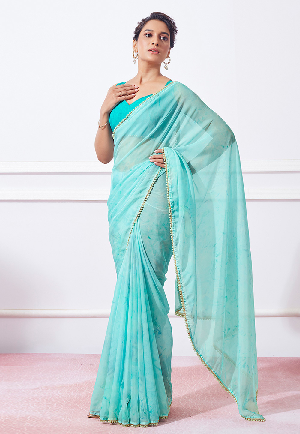 Sky Blue Organza Saree With Blouse 280174