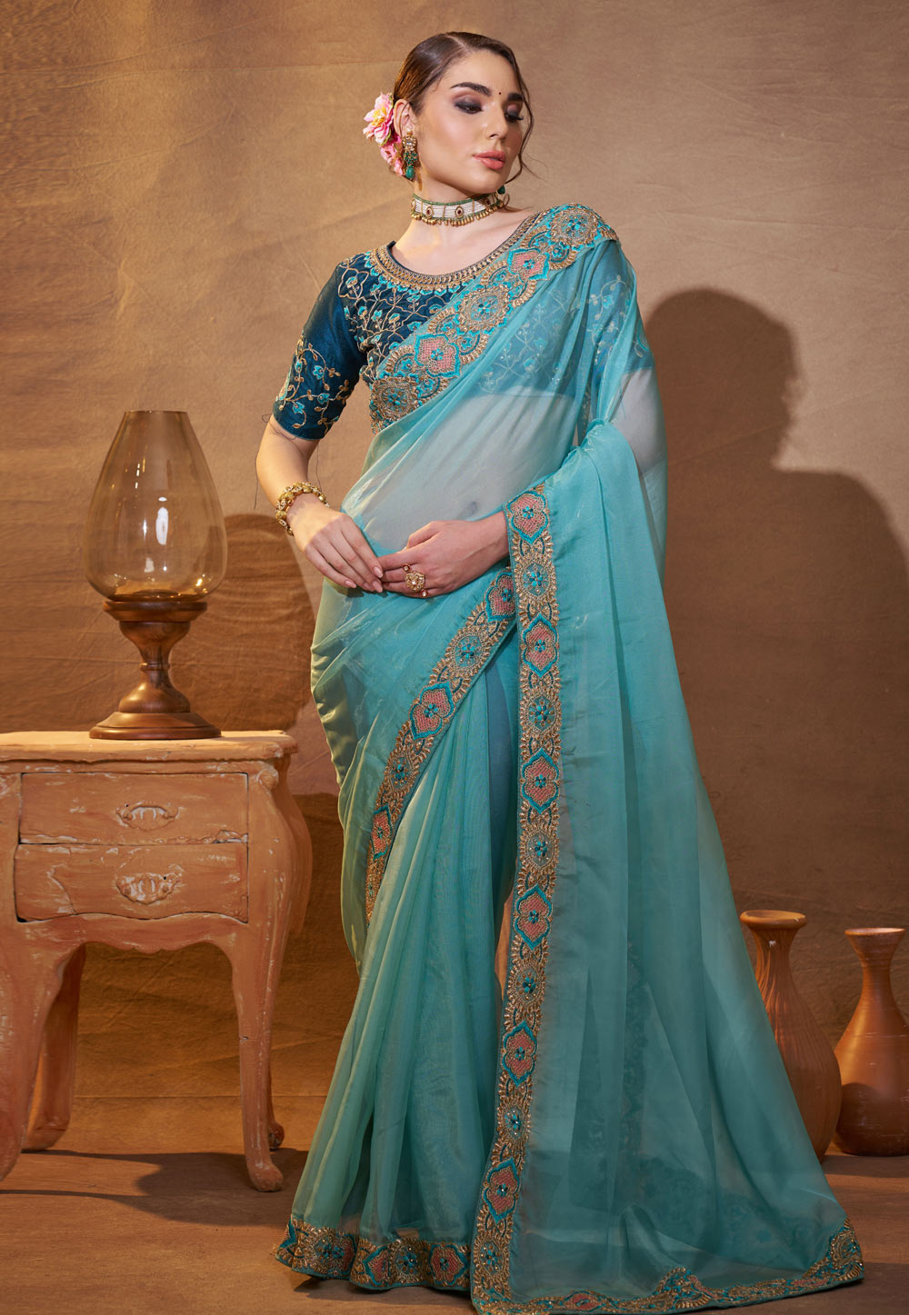 Sky Blue Organza Saree With Blouse 306955
