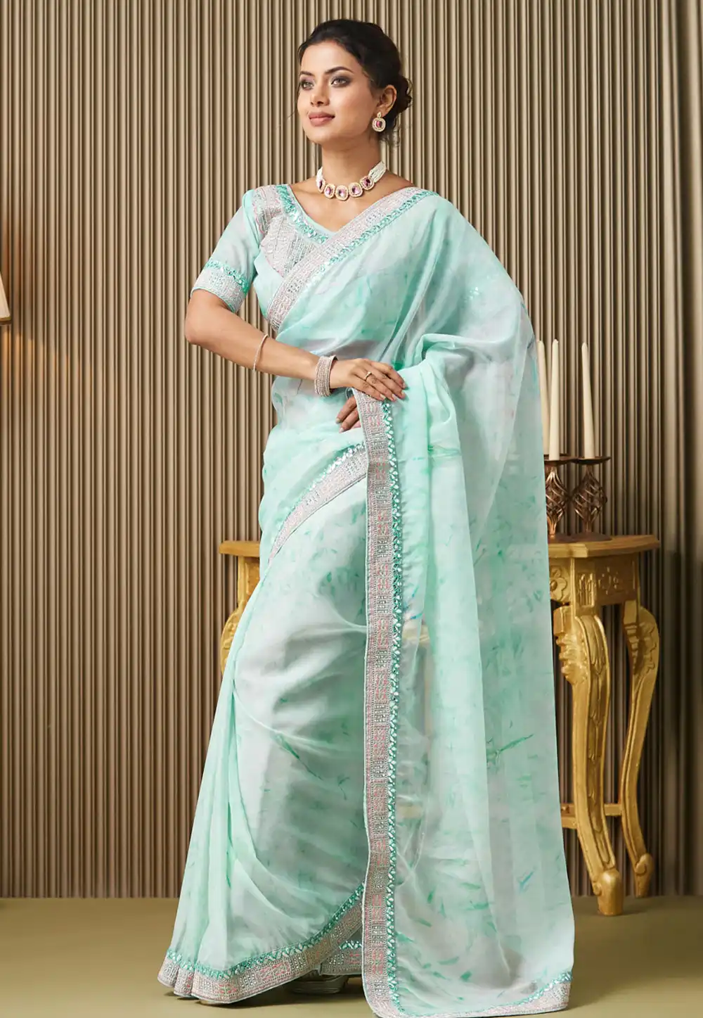 Sky Blue Organza Saree With Blouse 311905
