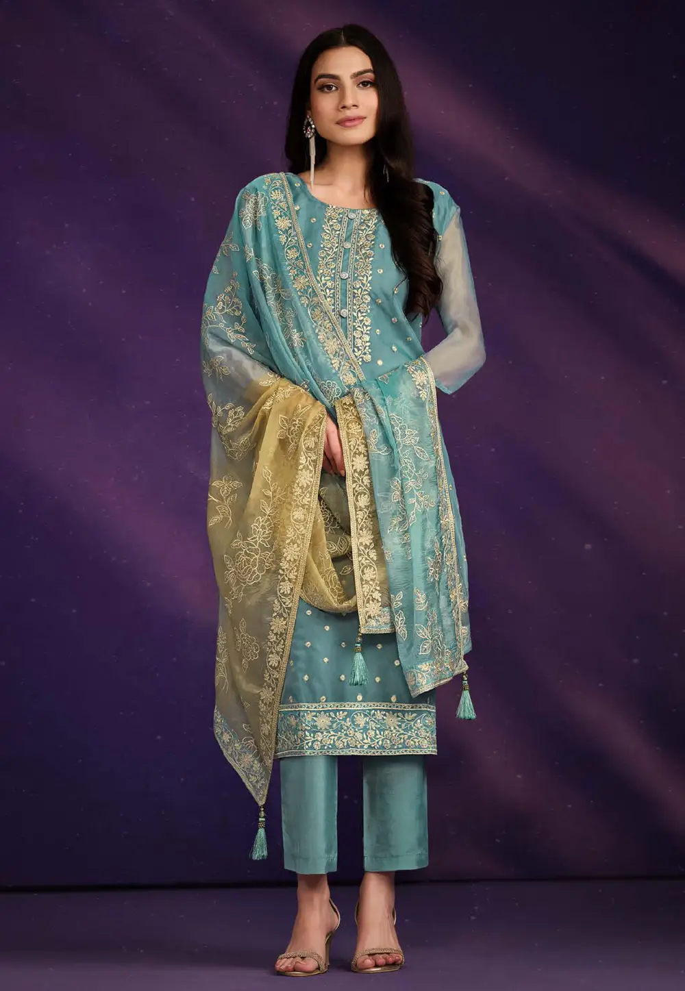 Sky Blue Organza Straight Suit 336782