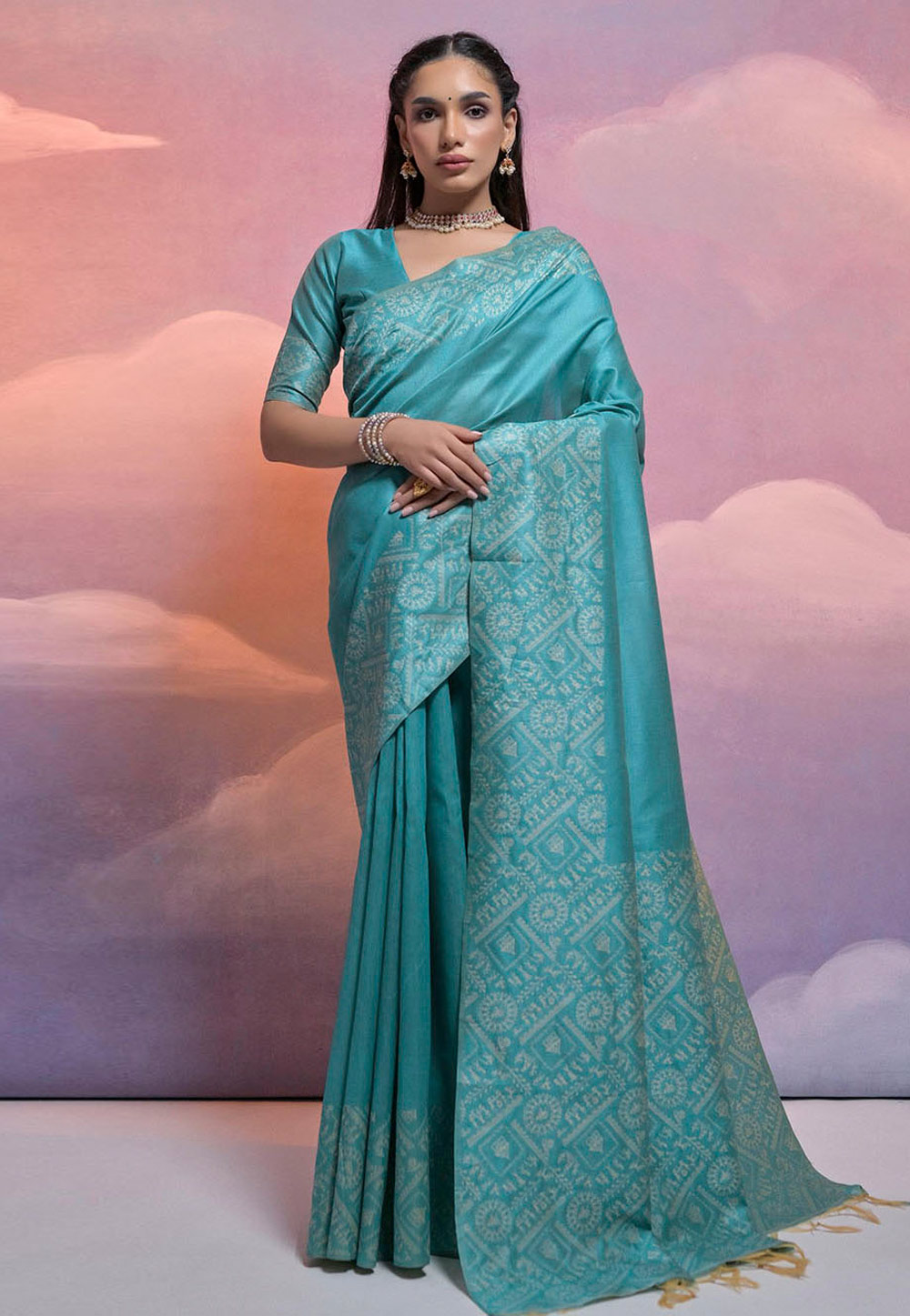Sky Blue Raw Silk Saree With Blouse 281764