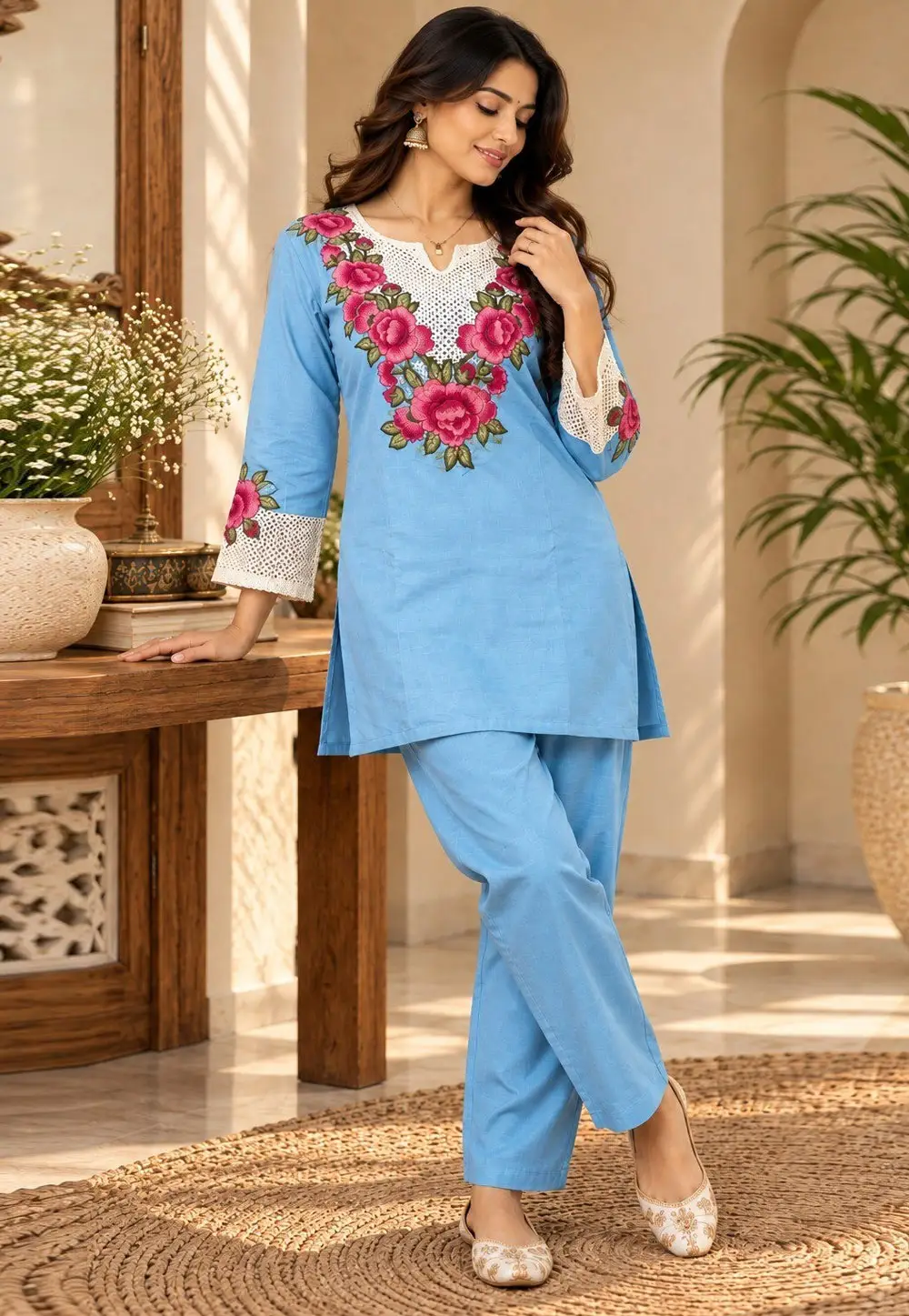 Sky Blue Rayon Kurta Set With Palazzo 337004