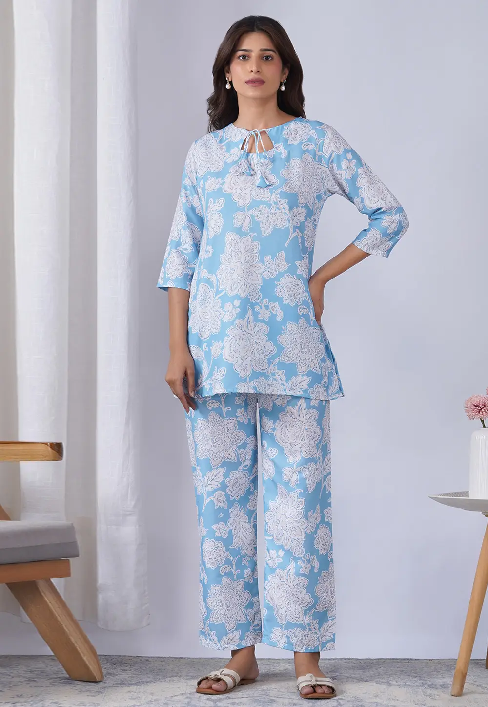 Sky Blue Rayon Printed Co-Ords Set 332201