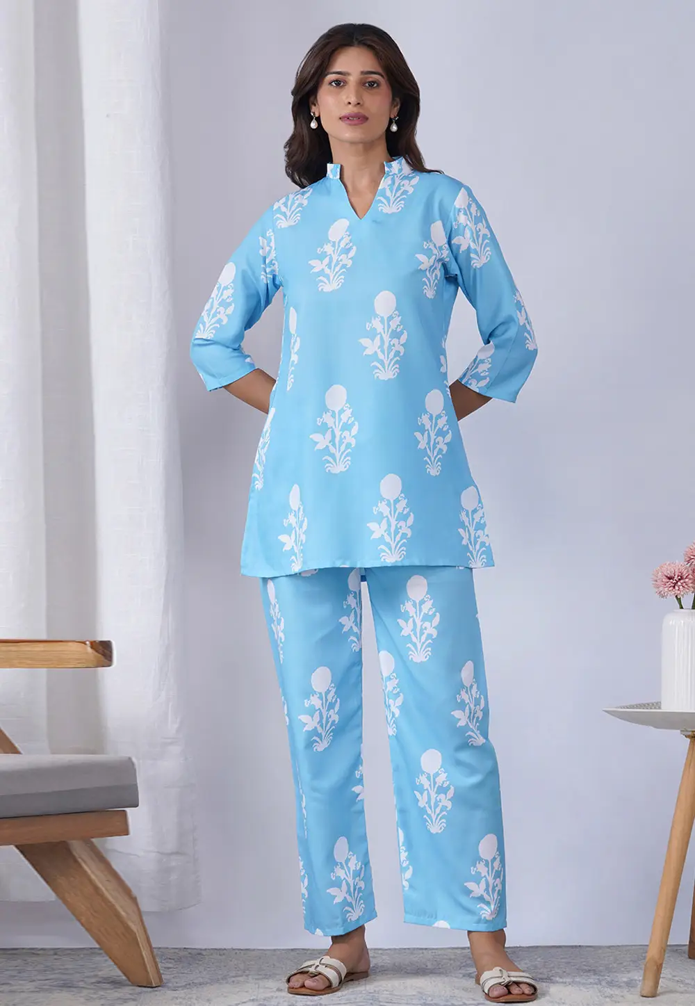 Sky Blue Rayon Printed Co-Ords Set 332203