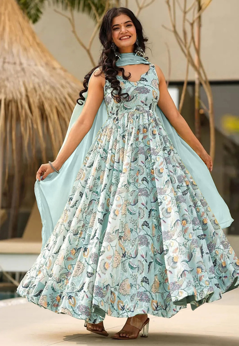 Sky Blue Rayon Readymade Anarkali Suit 308279