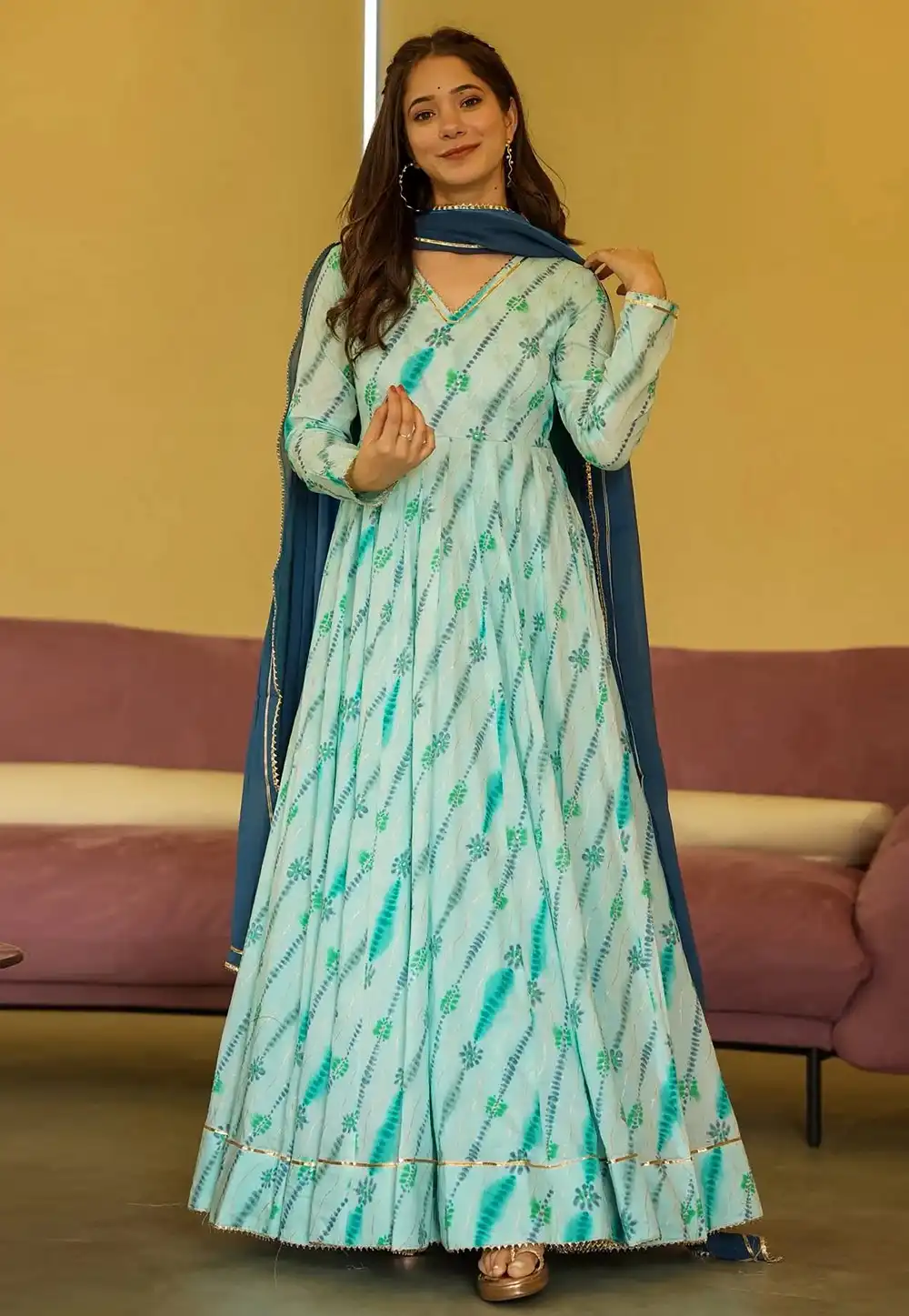 Sky Blue Rayon Readymade Anarkali Suit 326076
