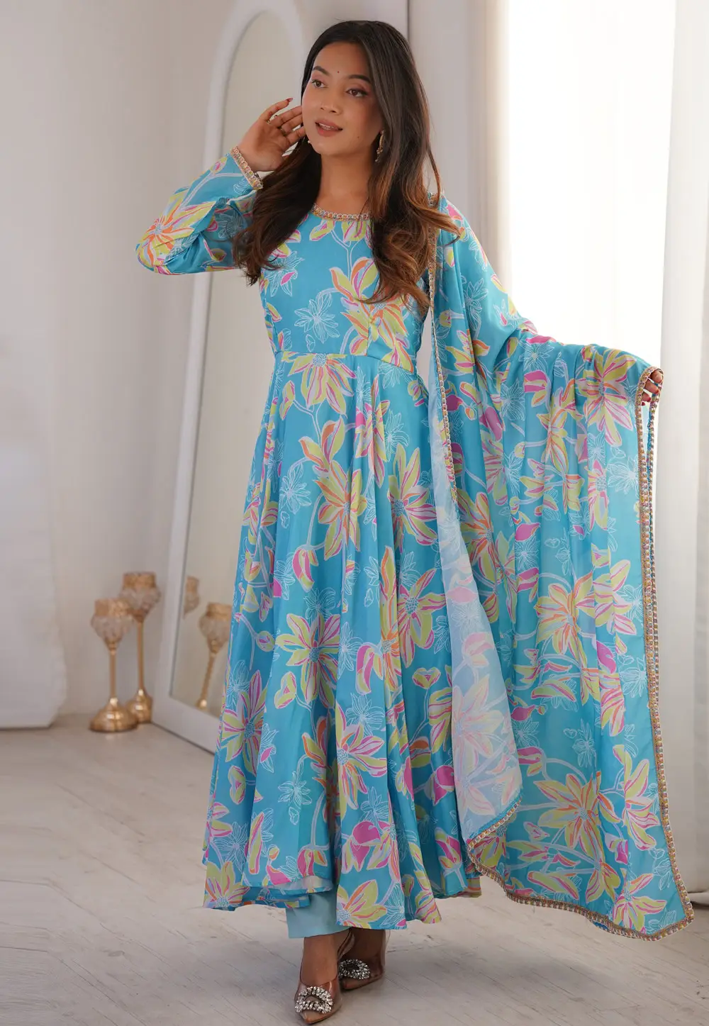Sky Blue Rayon Readymade Long Anarkali Suit 333152