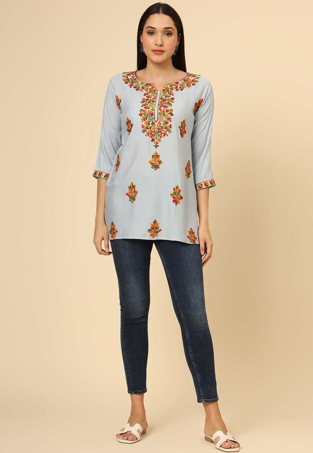 Sky Blue Rayon Short Kurti for Women 312617