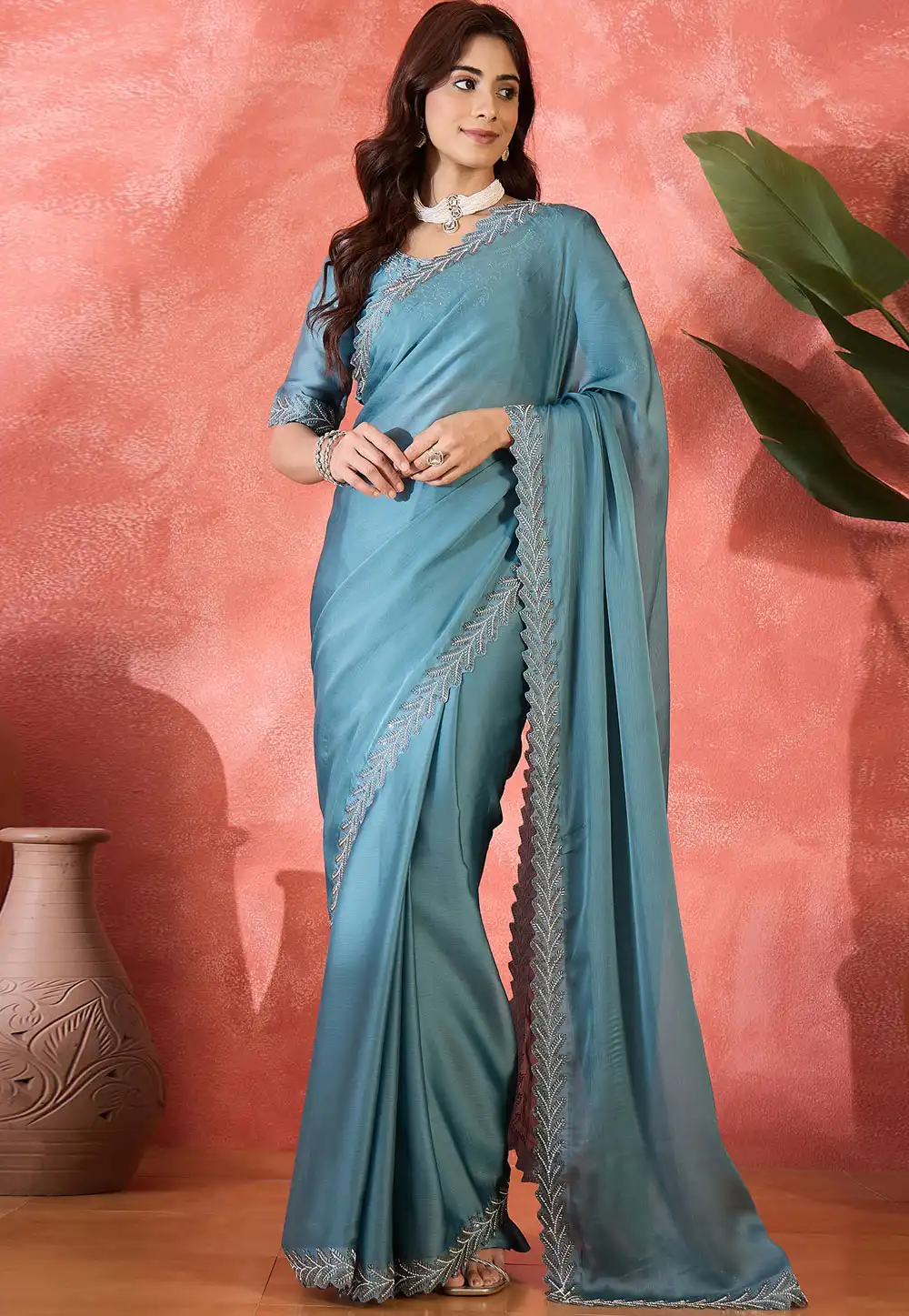 Sky Blue Satin Chiffon Saree With Blouse 316749