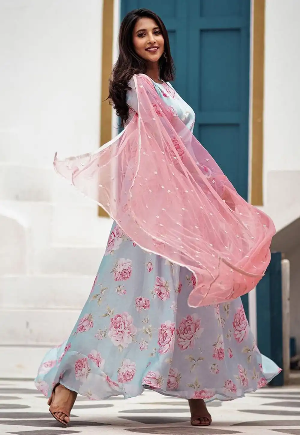 Sky Blue Satin Georgette Readymade Anarkali Suit 321601