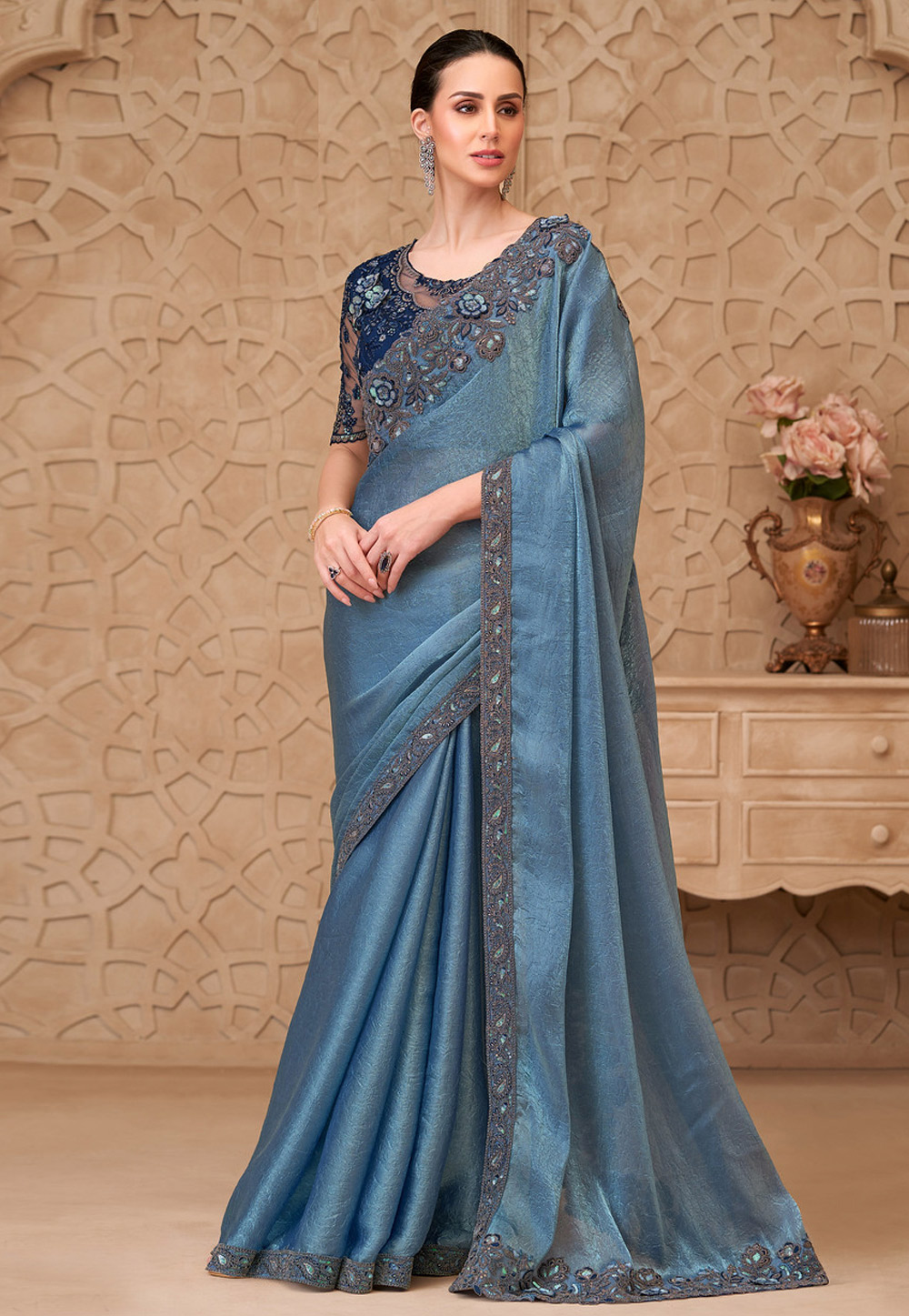 Sky Blue Satin Georgette Saree With Blouse 325697