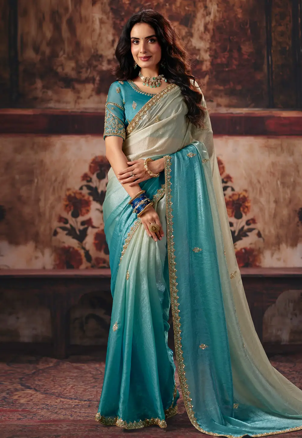 Sky Blue Satin Half N Half Saree 334042