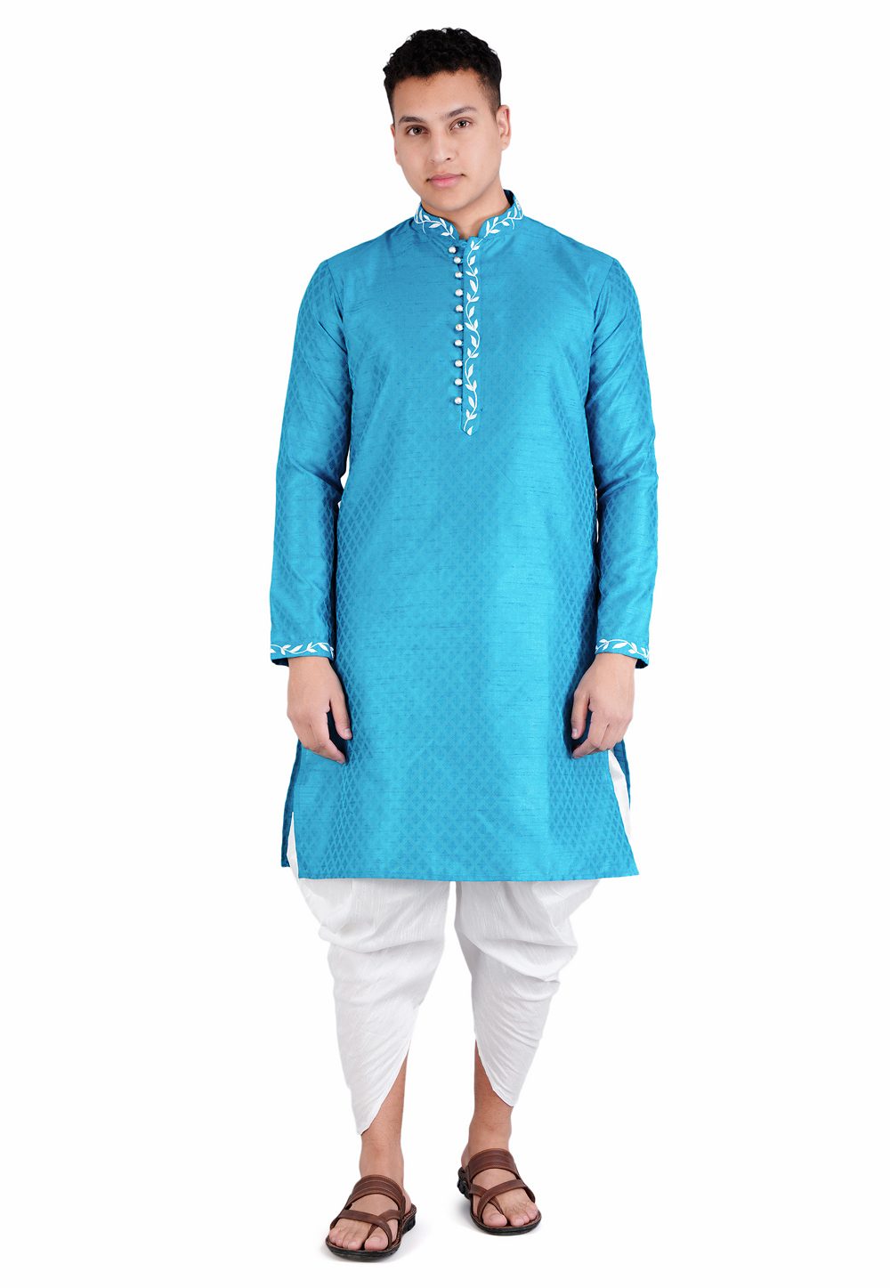 Sky Blue Satin Jacquard Dhoti Kurta 278232